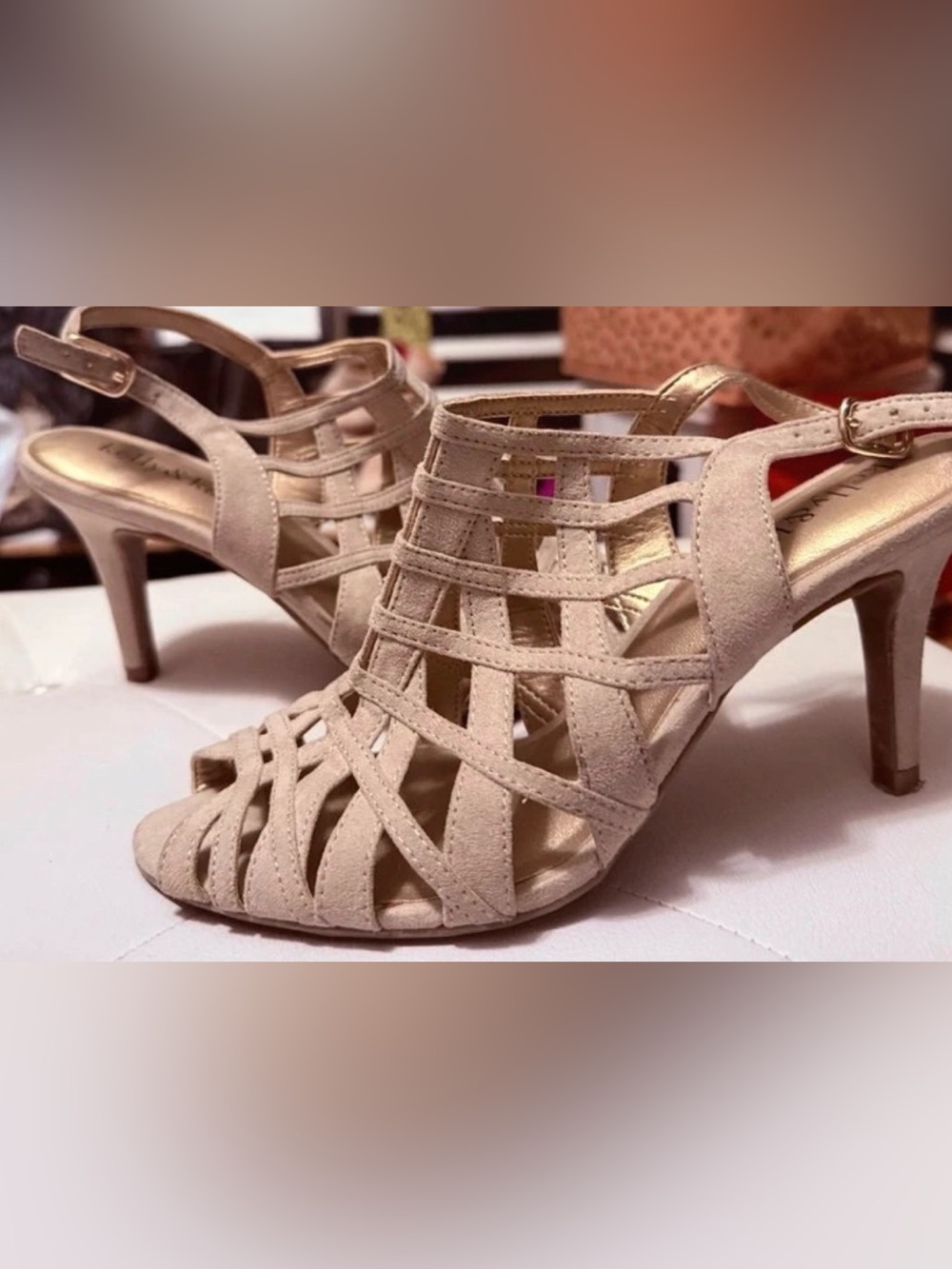 Kelly & Katie Beige Strappy Wedge Peep-Toe Heels